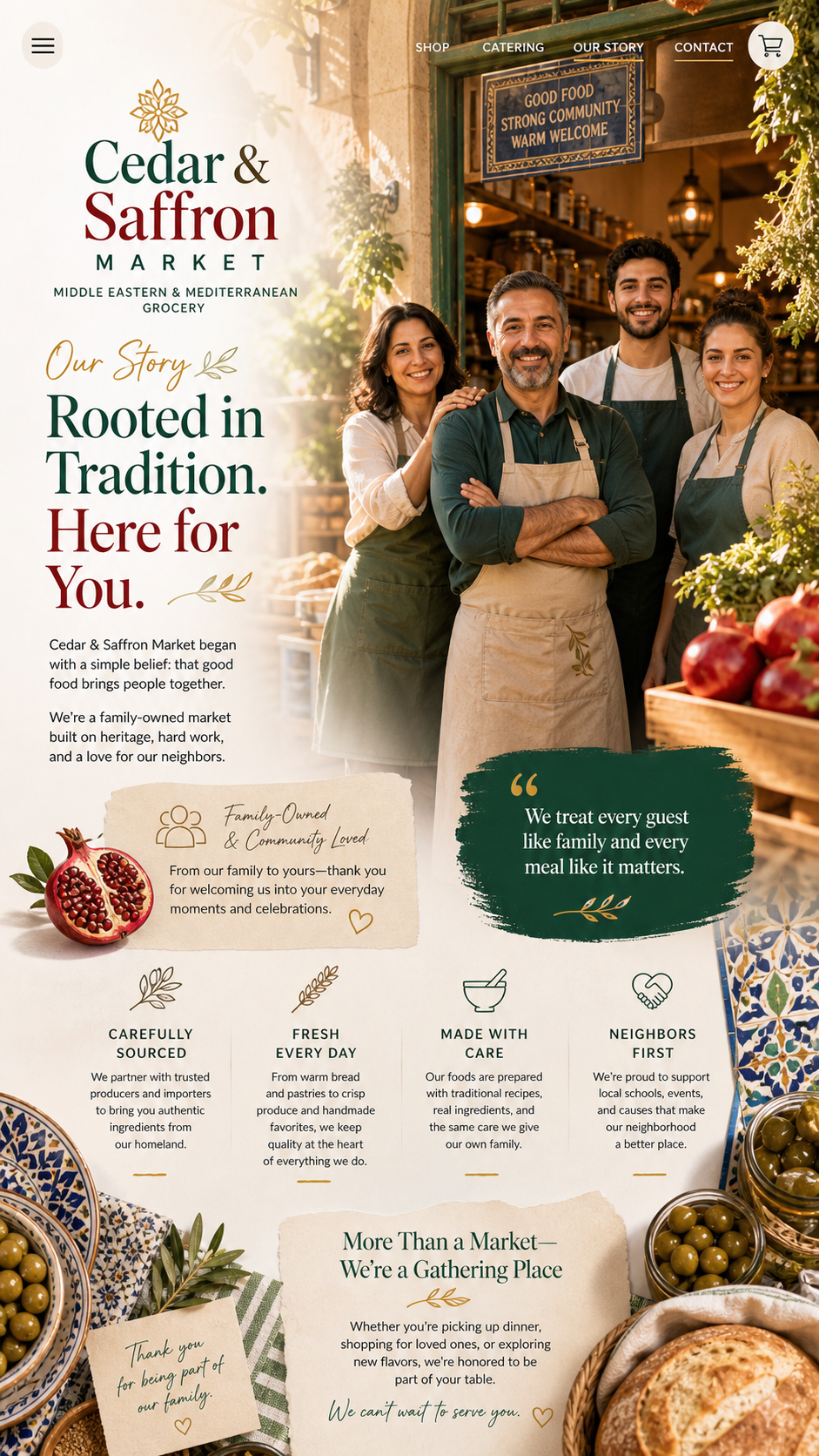 Cedar & Saffron Market story page with family market visuals