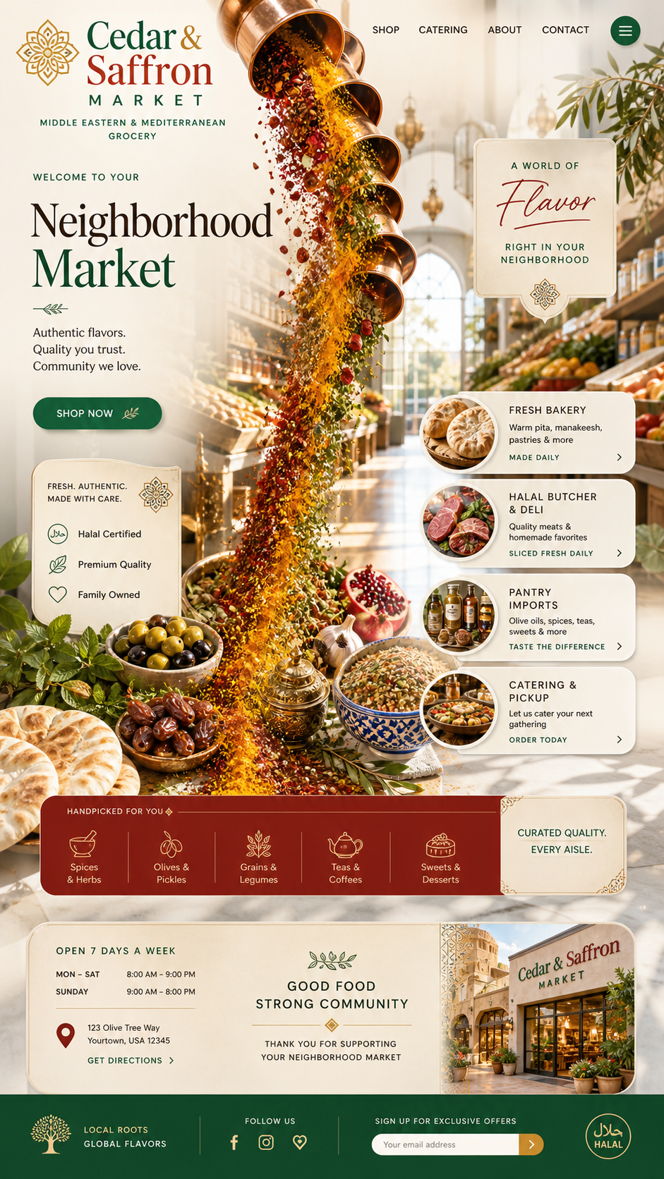 Cedar & Saffron Market grocery interior with spices, pantry goods, bakery, butcher, and catering displays